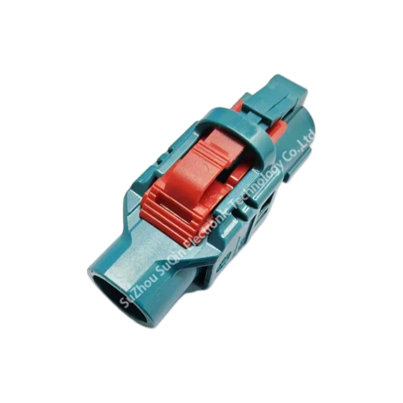 Top isometric look at a single Rosenberger E6Z020-000-Z H-MTD housing emphasizing the integrated red CPA lever latch.