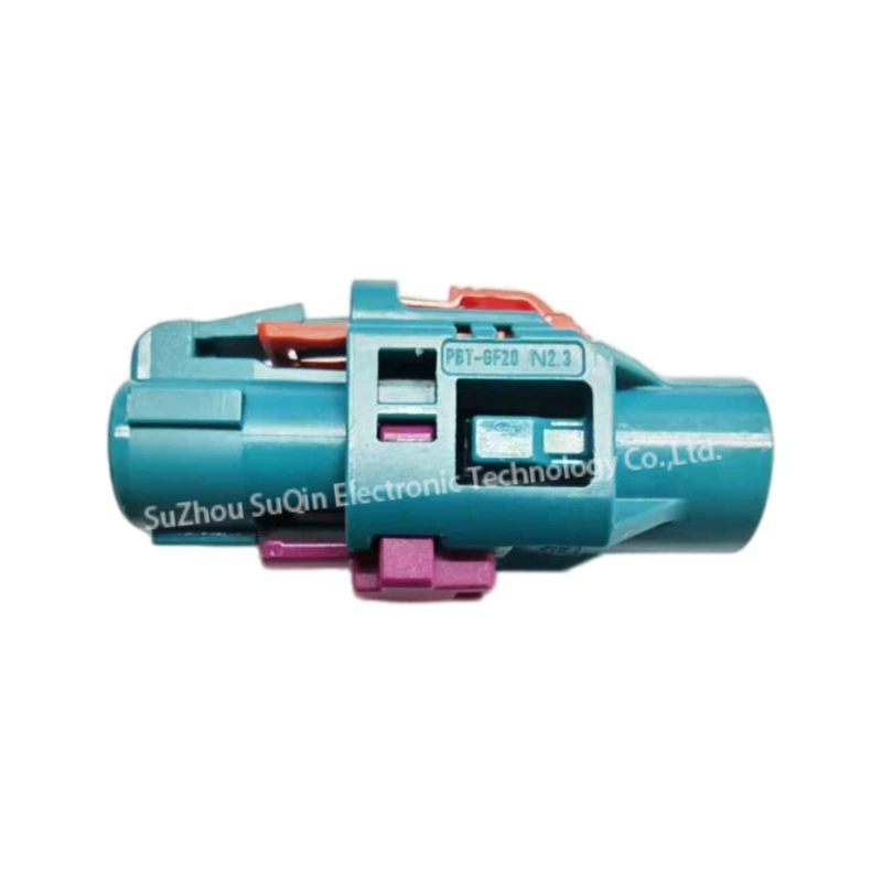 Side profile view of Rosenberger E6Z020-000-Z high-speed connector housing highlighting the molded PBT-GF20 N2.3 material marking.