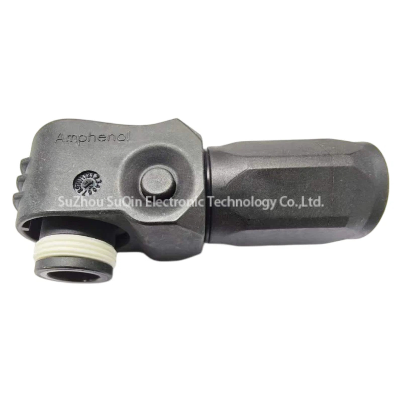 Side profile view of the SLPPA16BSB3 female socket plug highlighting the Amphenol branding and lock button.