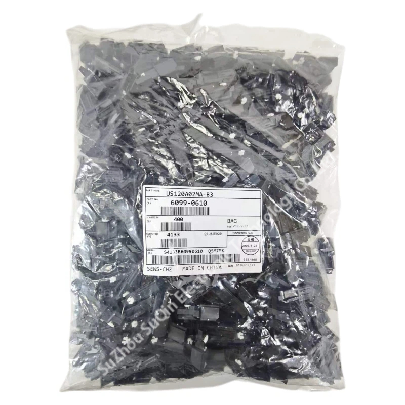 Original factory bulk package bag of Sumitomo 6099-0610 connectors showing SEWS-CHZ label with part name US120A02MA-B3 and quantity 400 PCS.