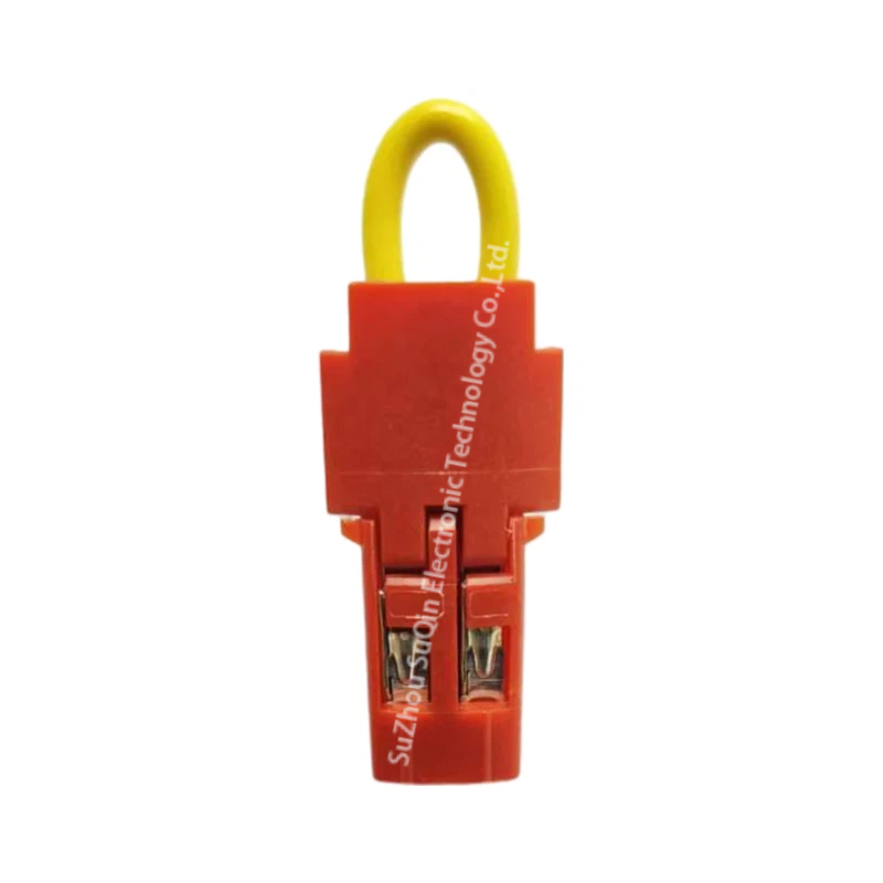 Bottom terminal locking face view of red TE 2392567-1 accessory exposing internal metal pin mating contact entry paths.