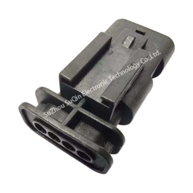 Isometric view of the 1-1564559-1 4-pin black male connector housing showing the mounting lock mechanism and rear cable entry guide.