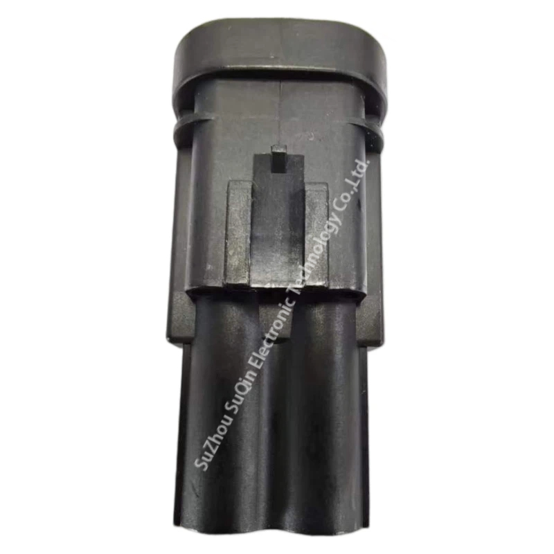 Flat top profile view focusing on the center-aligned integrated locking clip mechanism of the authentic 2-position black power connector plug.