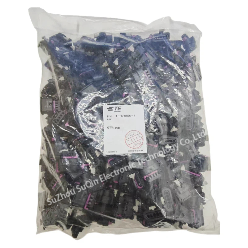 Original TE Connectivity transparent factory plastic bulk packaging bag filled with 1-1718806-1 housings featuring a white label with P/N 1-1718806-1 and QTY 250.