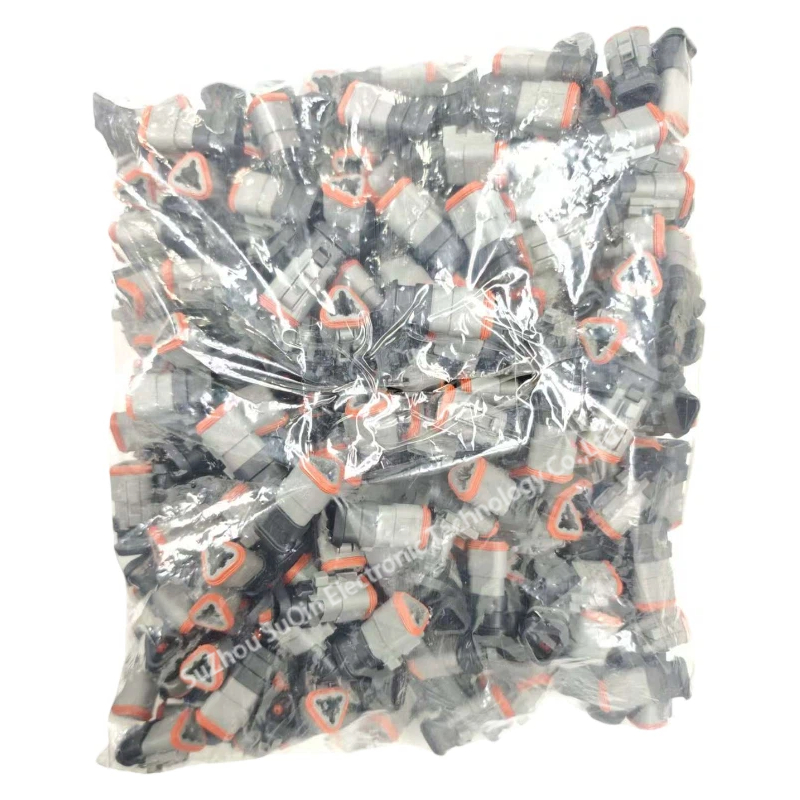 Bulk factory packaging for DEUTSCH DT06-3S-E008 with technical specification labels.