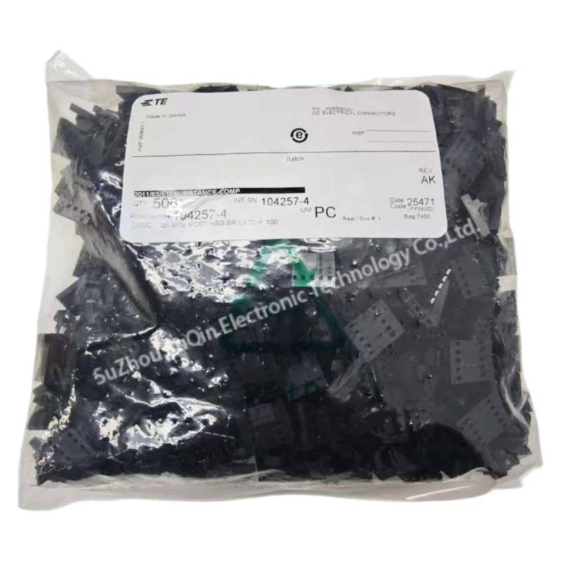 Factory original label for TE Connectivity 104257-4 featuring part number, batch info, and RoHS compliance.