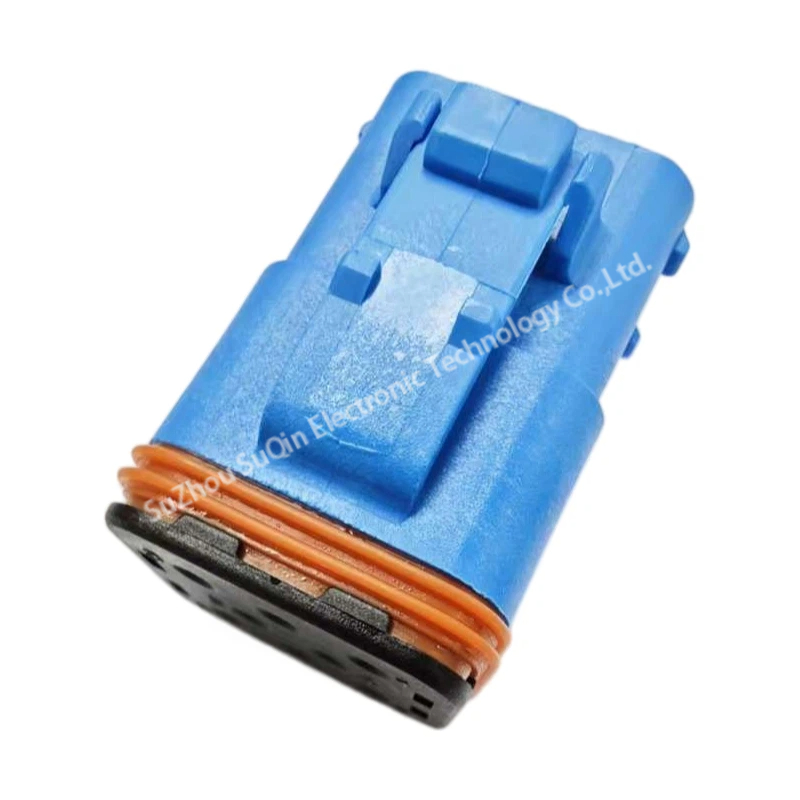 Side isometric perspective view of the TSL-FPD08SL blue automotive connector plug highlighting the integrated heavy-duty locking latch design and 35mm body length.
