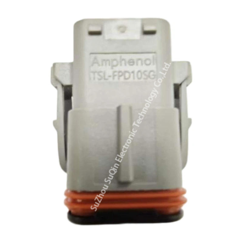 Detailed view of the TSL-FPD10SG gray plug connector housing surface focusing on the molded manufacturer brand text.