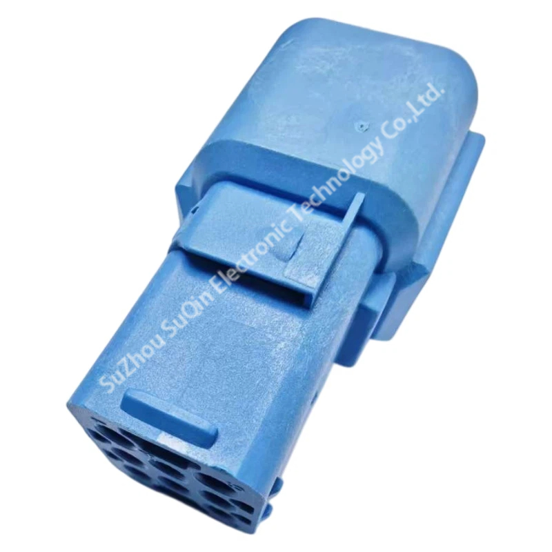 Side isometric perspective view of the TSL-FRD08PL blue automotive connector receptacle showing its elongated 49mm main body profile.