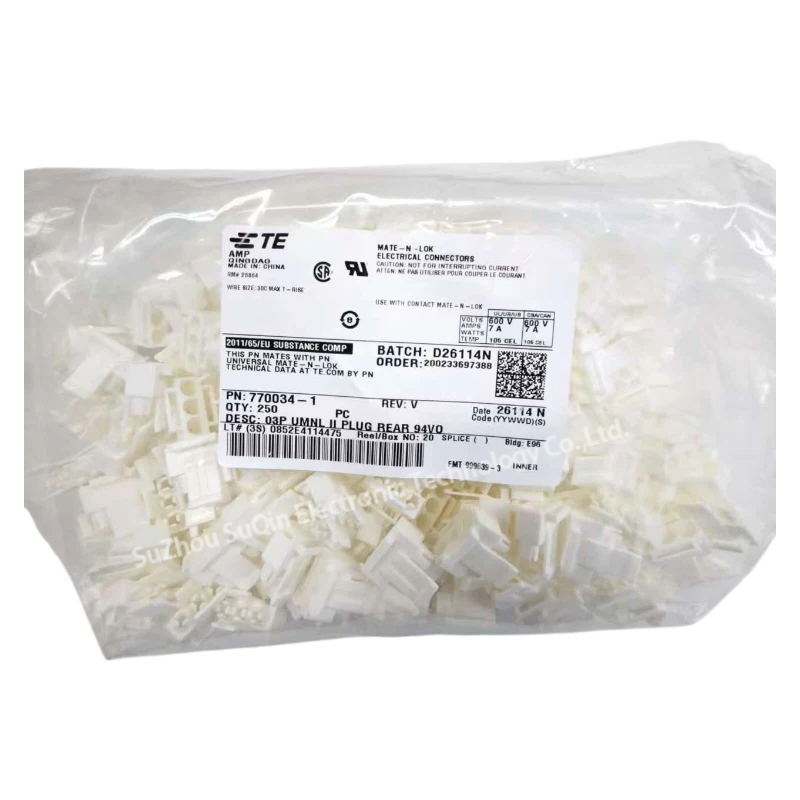 Industrial bulk packaging view of 770034-1 Universal MATE-N-LOK II plugs from TE